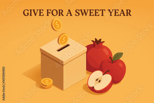 Vector design of donation box with apples and pomegranates, symbolic message for sweet year, clean composition with warm colors.