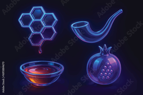 Vector neon glowing symbols for Rosh Hashanah including honeycomb, shofar and pomegranate, futuristic design on dark background.