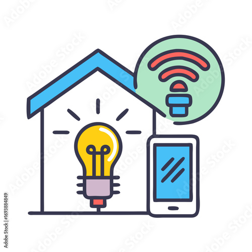 Smart home automation concept illustration with light bulb, phone, and WiFi symbol on black background