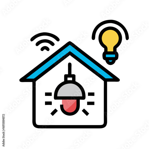 Iconic smart home illustration with person, roof, and light bulb in minimalist style