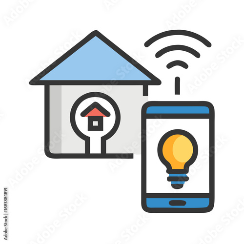 Smart home automation concept featuring house icon with smartphone, controlling light, wireless connectivity