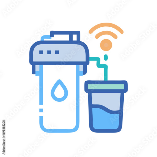 Smart water filter with wifi connectivity showing purification process, flat icon style