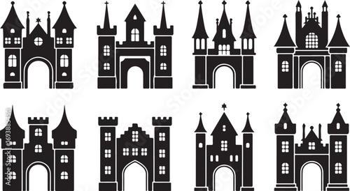 Silhouette Castles Collection Vector Illustration Set with Towers and Arches on Transparent Backdrop