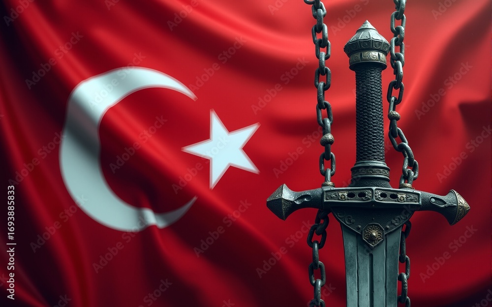 Obraz premium Combat Sword with Broken Chains and Turkish Flag Symbolizing Turkey Freedom. High quality
