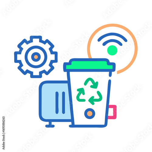 Smart Technology and Environmental Responsibility Concept Illustration with Recycle Bin, Toaster, Gear, and WiFi Icon
