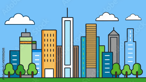 Cartoon city skyline with trees and clouds buildings
