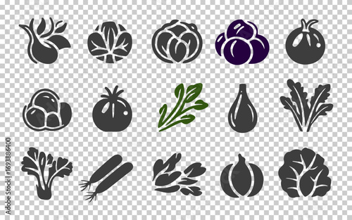 A variety of fresh vegetables is showcased, featuring radishes, tomatoes, and greens with a clean, transparent background. Each vegetable appears in a stylized silhouette design.