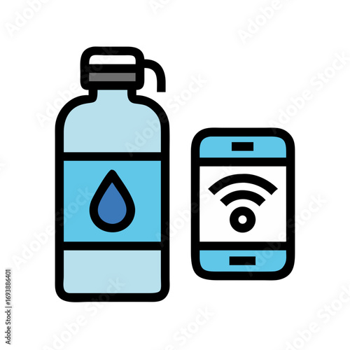 Stay hydrated with technology concept featuring water bottle and wireless connected smartphone