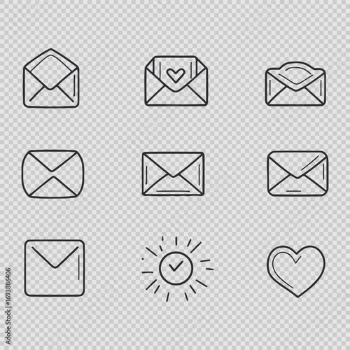 Multiple line art envelopes display different styles, including heart motifs and check marks, emphasizing themes of love and communication in a minimalist design.