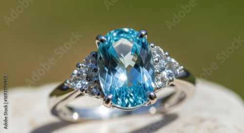 A shimmering aquamarine gemstone ring, framed by dazzling white stones, rests on a soft surface.
