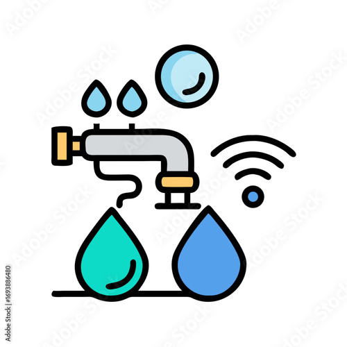 Simple graphic of a faucet and water drops symbolizing clean water and sustainability.