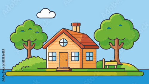 Cartoon lakeside house with trees and bench cottage