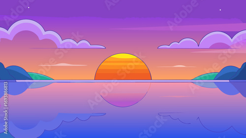 Cartoon sunset lake orange purple sky calm vector