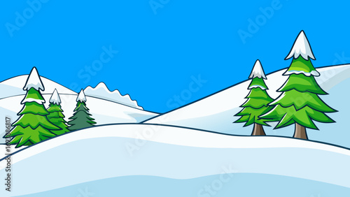 Snowy evergreen landscape with rolling hills winter