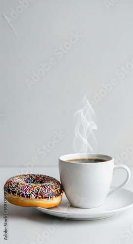 Warm coffee beside a colorful donut creates a delightful breakfast moment in a simple setting