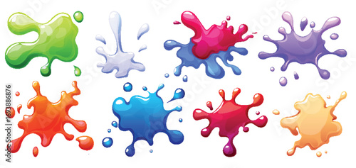 Slime blot collection with glossy liquid splashes and droplets for game assets or creative design. Irregular shapes with smooth surfaces and scattered drops. Abstract paint splatters for digital art.