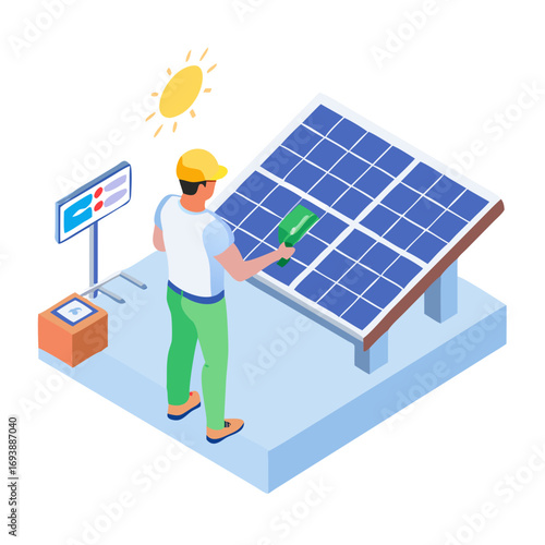 Isometric illustration of a worker cleaning solar panels for renewable energy maintenance and efficiency