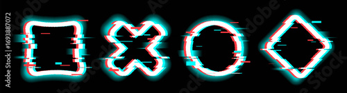 Glitch frame bug shapes with distorted neon borders and digital interference for cyberpunk interface design. Square and cross, circle and diamond outlines with corrupted pixels. Tech error graphics.
