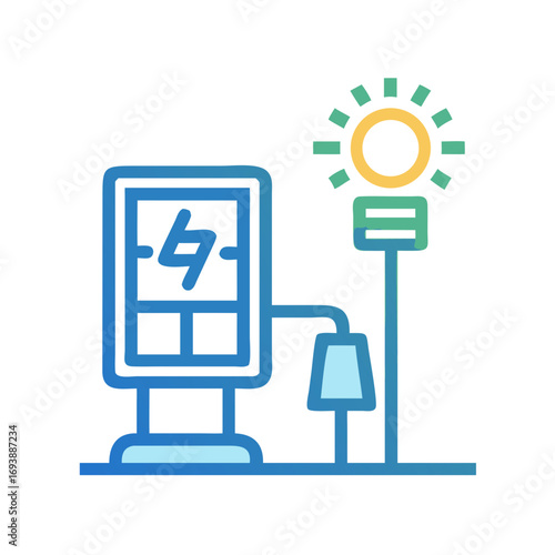 Electric vehicle charging station with energy saving lightbulb, showcasing green energy technology