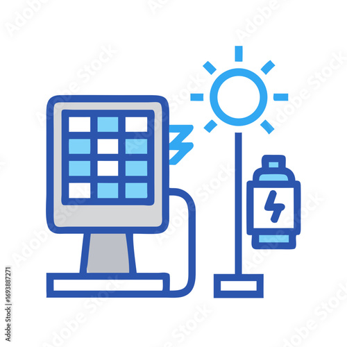 Flat Vector Illustration of Solar Panel System with Battery and Sun on Black Background