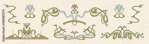 Art nouveau frame collection with flowing botanical ornaments and curved ribbons for vintage decoration or wedding design. Elegant borders with flowers and organic swirls for classic certificates