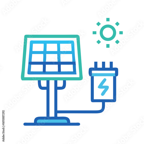 Stylized solar panel system with sun and power output connection icon isolated