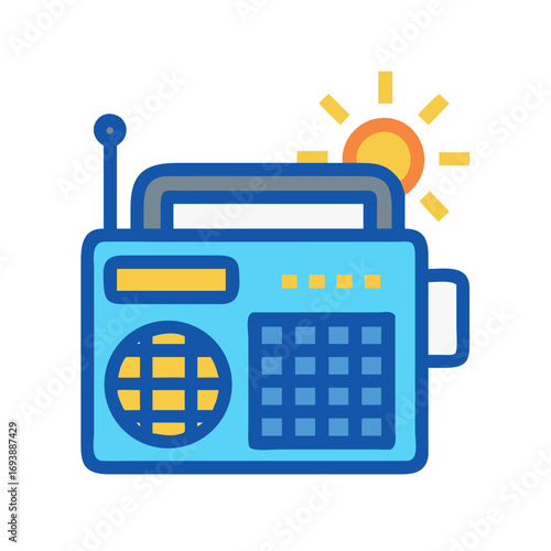 Illustration of a retro radio next to sun radiating sunlight on black background