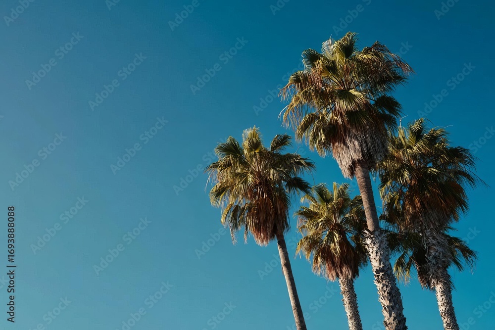 Obraz premium A serene view of tall palm trees swaying gently under a beautiful blue sky bringing a sense of calm and tropical vibes