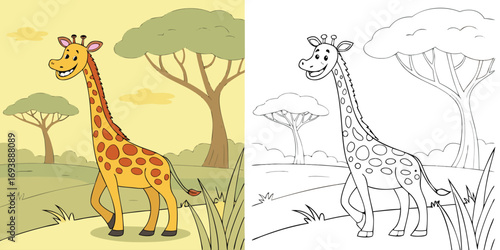 Cartoon giraffe walking in savanna with trees and yellow sky