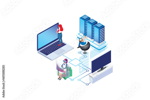 Virtual augmented reality glasses concept with people playing games, learning and entertaining. Vector isometric illustration.
