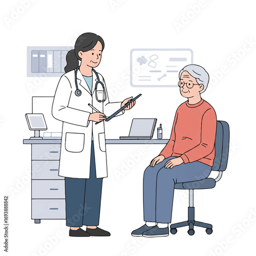 Compassionate female doctor talking to an elderly patient during a medical check-up in a clean clinic room with equipment, depicted in a simplified 2D flat vector illustration style.