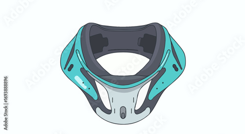 Illustration of a futuristic neck brace design in shades of teal and gray, isolated on white
