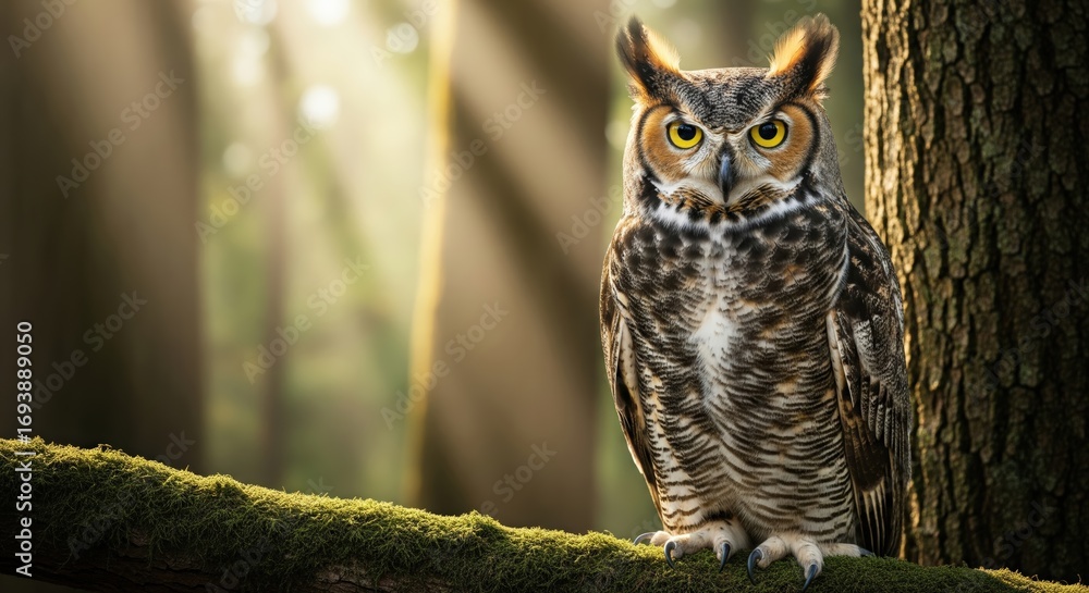 Obraz premium Great horned owl perched on a mossy branch in a sunlit forest during early morning