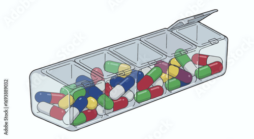 An illustration of a clear plastic medication organizer filled with an assortment of colorful capsules and tablets, symbolizing daily health management