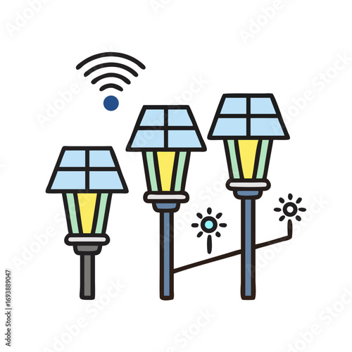 Smart Solar Garden Lights Connected to a Wireless Network, Simple Vector Illustration