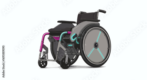 Side view of a futuristic and stylish mobility wheelchair with vibrant color accents isolated on a white background