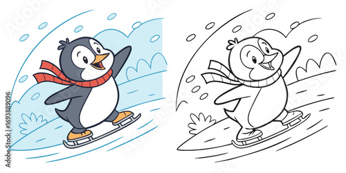 Cartoon penguin ice skating with red scarf and blue background