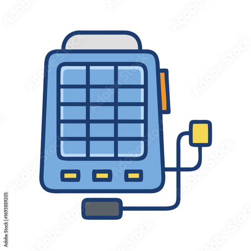 Cartoon electronic device with blue color scheme and black background, flat illustration