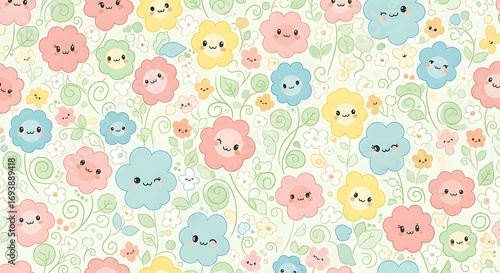 Adorable kawaii floral pattern with happy cartoon flowers and leaves, perfect for children's designs and cheerful decor