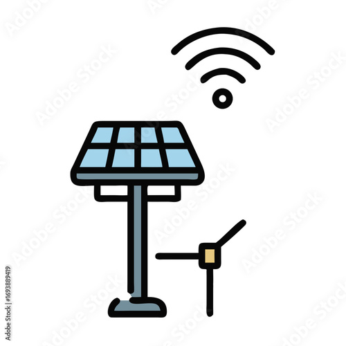 Isolated graphic illustration of solar panel with antenna, emphasizing renewable energy and communication
