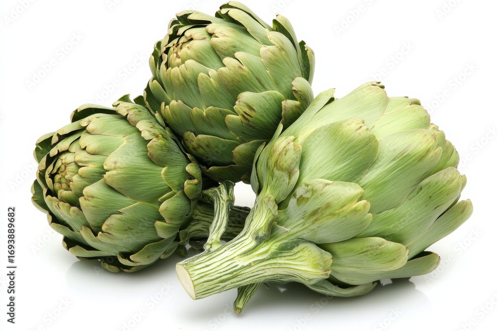 Fototapeta premium Fresh green artichokes arranged in a pyramid formation on white raw artichoke isolated