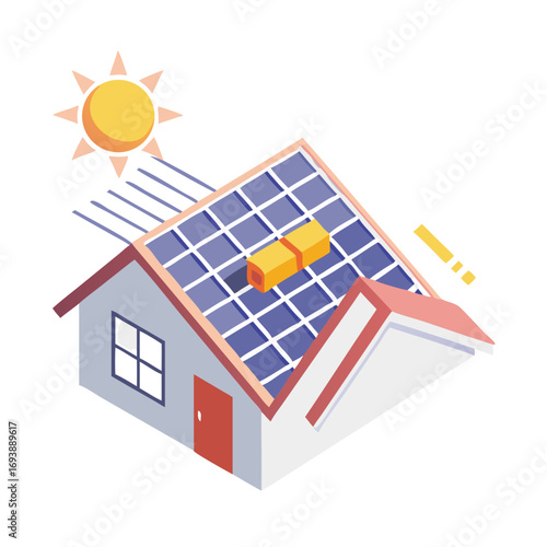 House with solar panels and sun rays representing renewable energy source concept