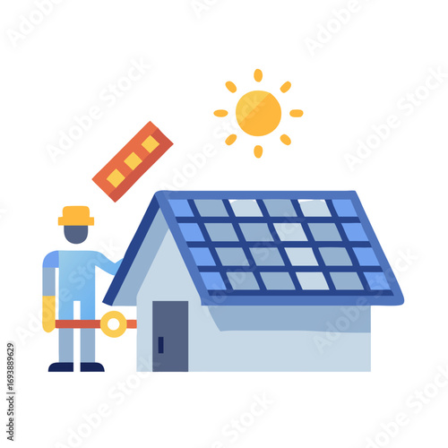 Illustration of a solar panel installation on a house with a worker and sun