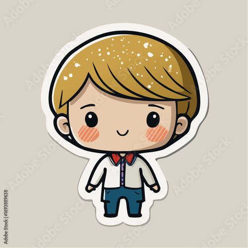 Cartoon character with short blonde hair, wearing red collar shirt and blue trousers