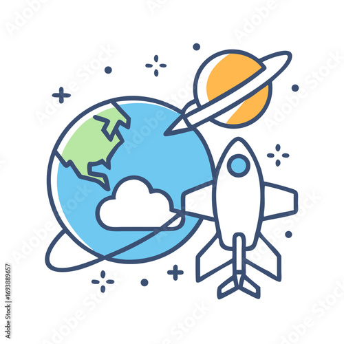 Illustration of a rocketship soaring from Earth to a ringed planet in space
