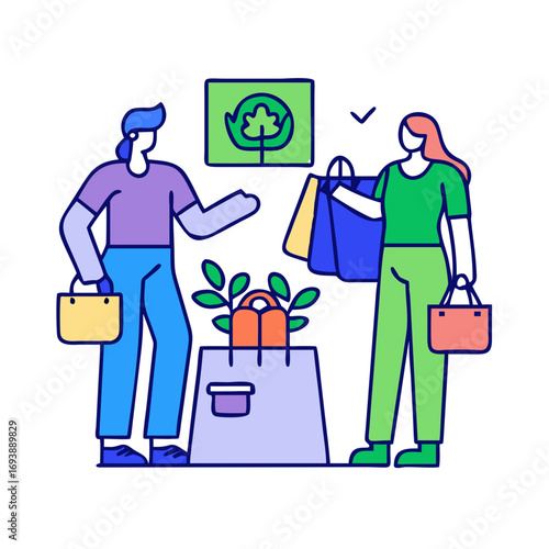 People with shopping bags standing near recycle tree sign, promoting eco-friendly lifestyle