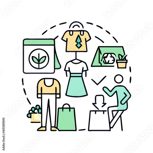 Concept illustration of secondhand shopping and circular fashion economy on black background