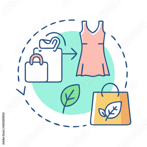 Sustainable fashion lifecycle illustration with clothing items and shopping bags on a black background