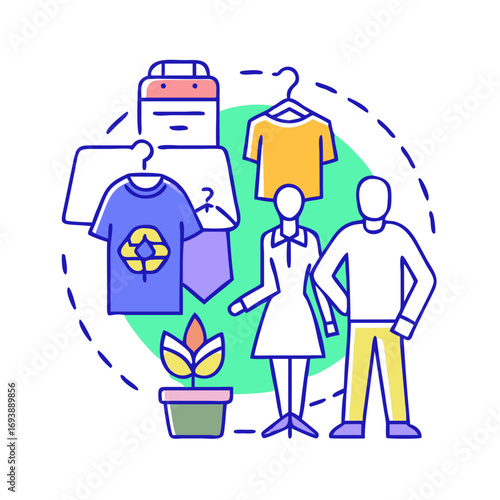 Stylized vector illustration of a closet with people and clothes for retail services