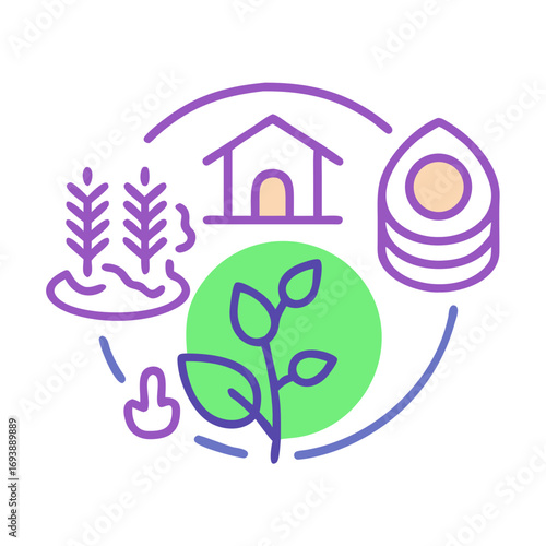 Sustainable farming cycle icon depicting agriculture, storage, and growth with vibrant colors
